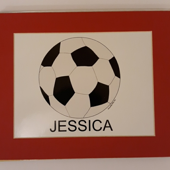 Picture volleyball soccer print with childs name Jessica with red mat - Picture 1 of 2